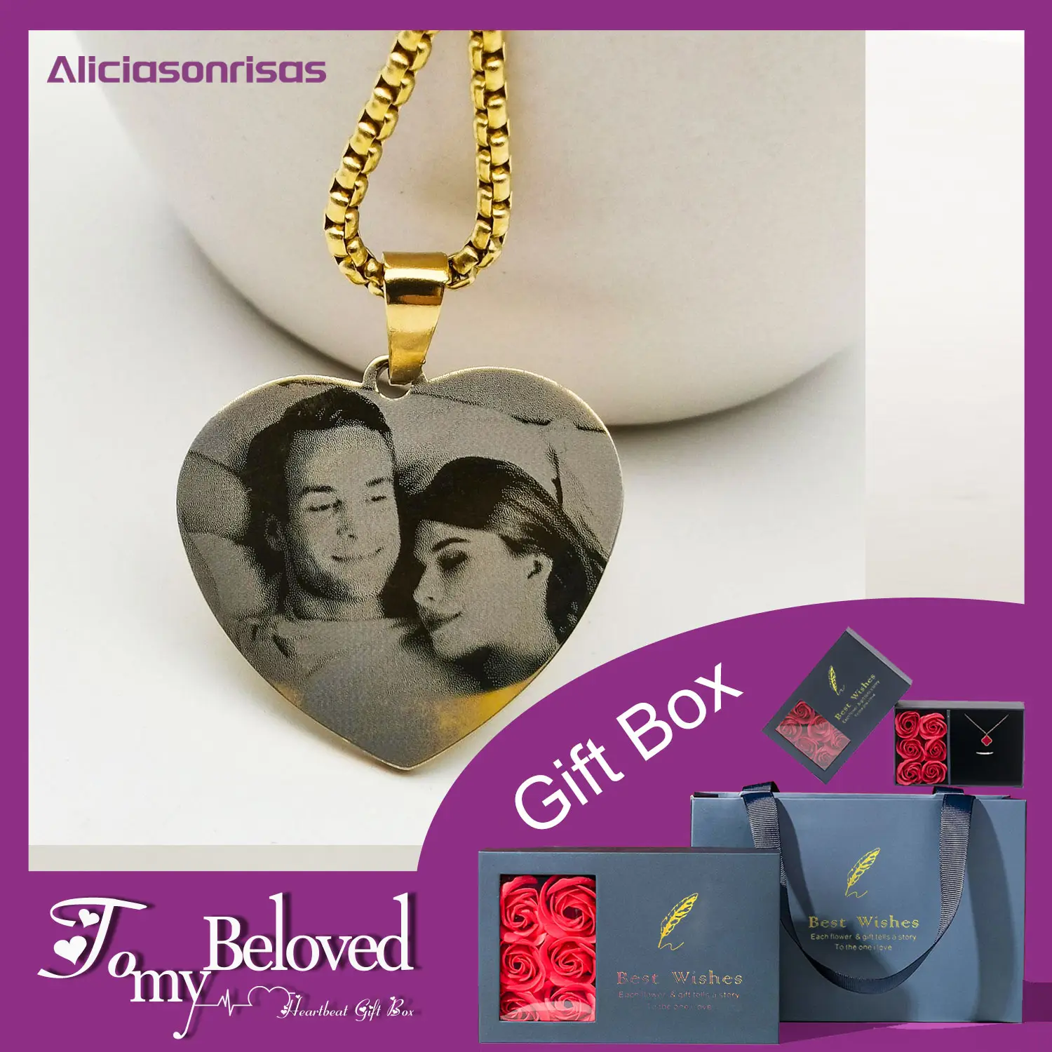 (Send Photo and Text To us By Message) Personalized Gift Heart-Shaped Lettering Custom Pendant Laser Stainless Steel Necklace Couple Ornament Creativ