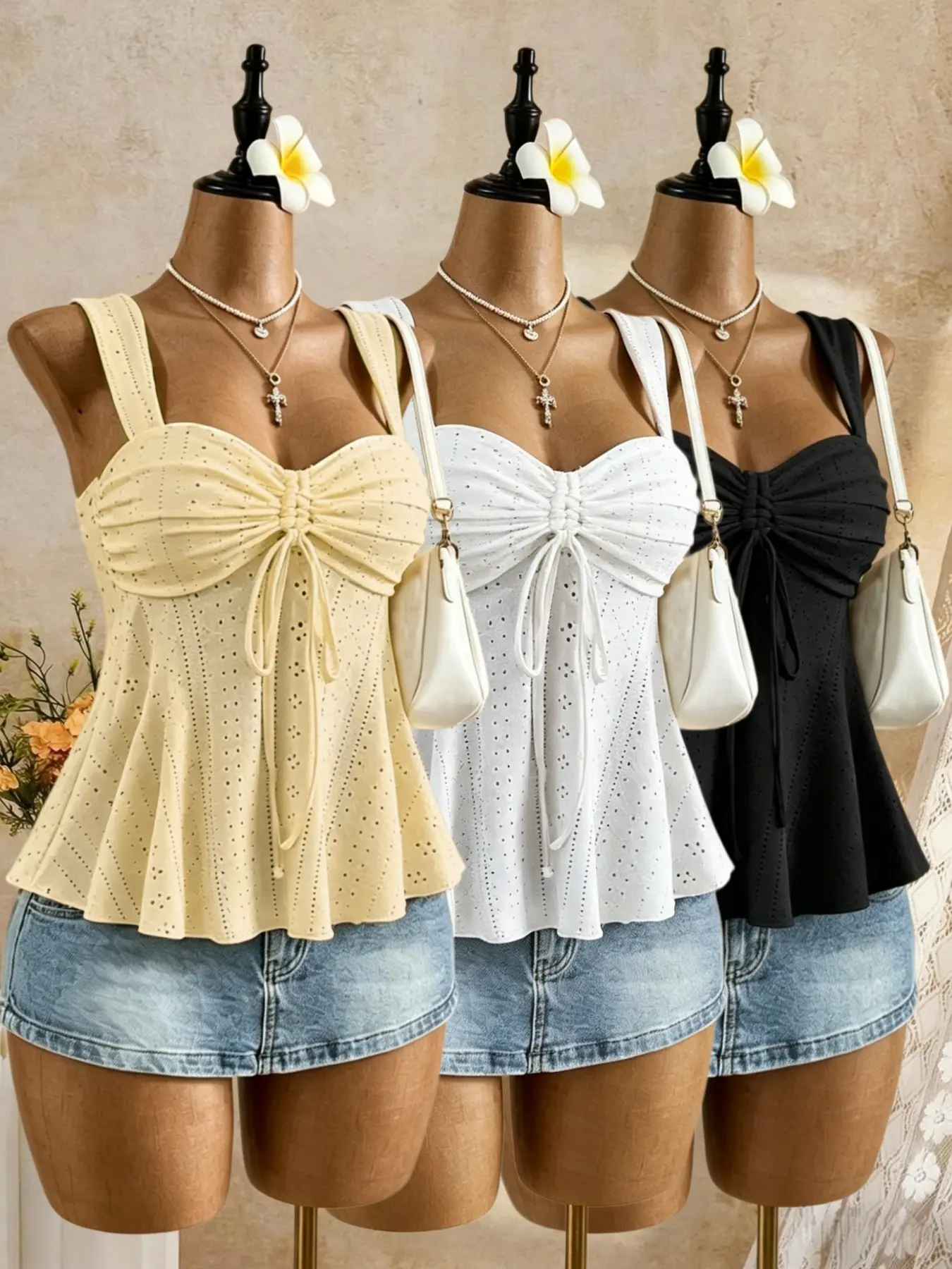 Sexy Soft Casual Style Wide Strap Polka Dot Women Tank Top, Hollow Out Chest Tie Waist Slimming Fit High Waist Versatile Short Sleeve Set of Three Pieces Outfit