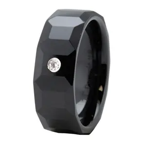 EWC R40039-100 Black Multi-Faceted Ceramic Ring with CZ - Size 10