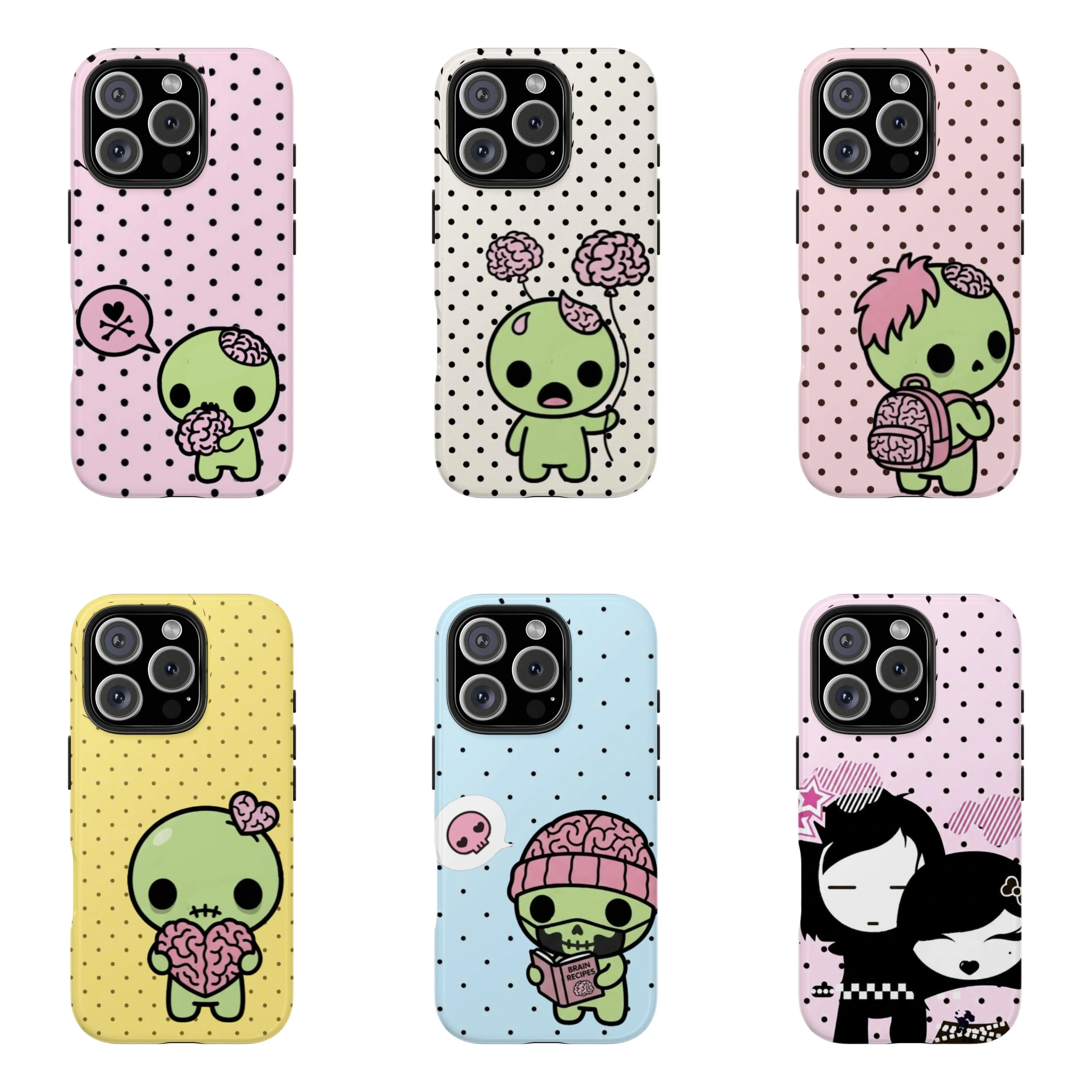 Y2k Kawaii Emo Zombie Smartphone Case, Pink Black Polka Dot Skull Pattern Protective Accessory for iPhone 11-17 Pro Max & Samsung S22-S26 Handheld Devices, Custom Gift Idea for Her/Him
