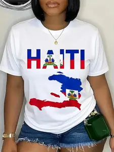 100% Cotton Unisex Haiti Flag T-Shirt, Casual Short Sleeve, Quick-Dry Moisture-Wicking, Cartoon Print, All Seasons, Loose Fit