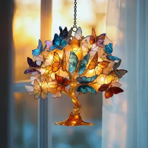 Butterfly Tree Stained Glass Suncatcher, Colorful Butterfly Window Hanging Decor, Nature Glass Art Gift for Home Lovers