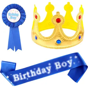KF5-HB27  Birthday King Crown, Birthday Sash and Button Pins Party Accessory Set for Boys Kids Party Decorations