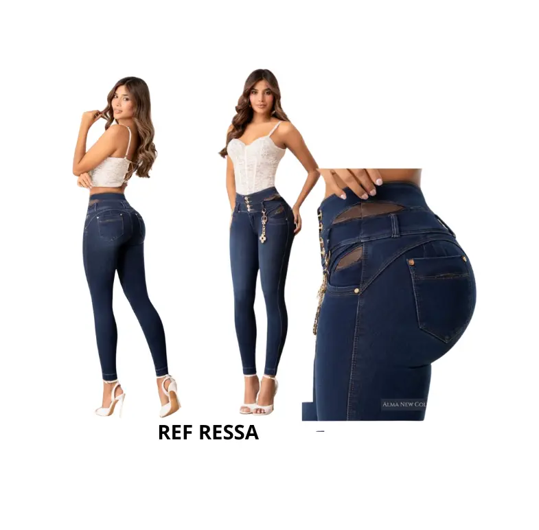 Premium Colombian jeans for women, in blue, without pockets, with a push-up effect that enhances the buttocks, a 4-button waistband, and a slim fit with a sexy and elegant design that accentuates curves. Beautiful jeans, denim. Skinny Bottom Womenswear Fa