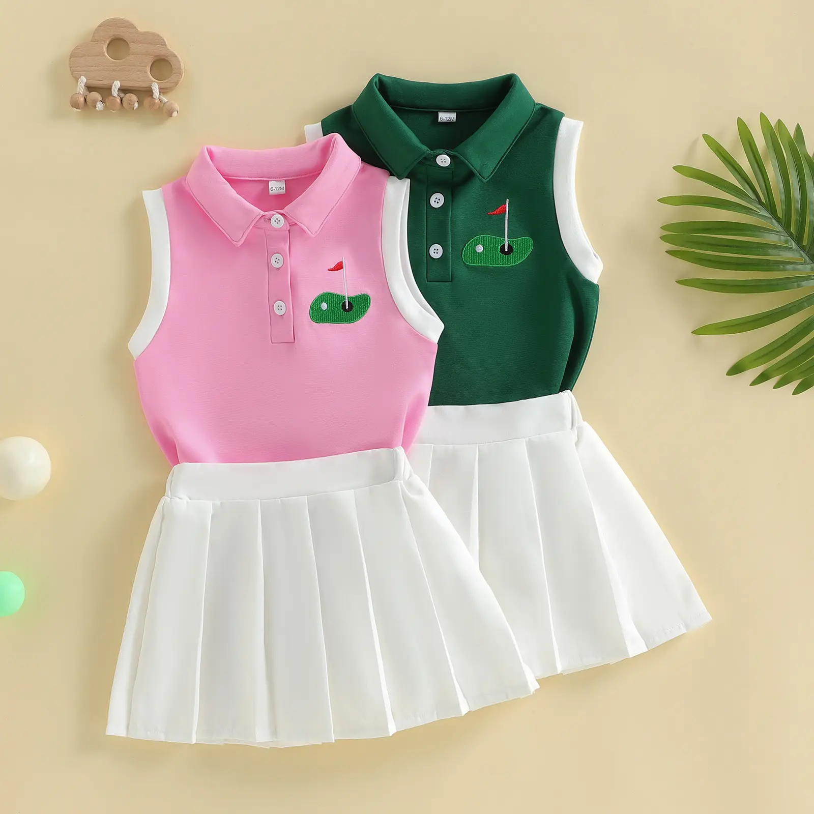 Toddler Baby Girls 2 Piece Outfits Golf Themed Embroidery Sleeveless Turn Down Collar Tops and Pleated Skirt Summer Set 6M-4Y