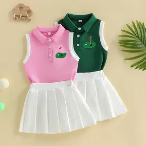 Toddler Baby Girls 2 Piece Outfits Golf Themed Embroidery Sleeveless Turn Down Collar Tops and Pleated Skirt Summer Set 6M-4Y