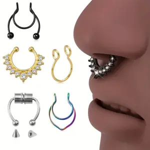 $5 Low - Mixed False Nose Ring Set (5) pcs, False Nose Ring Stainless Steel Nasal Septum Ear Accessories, Fashionable Spiral Style Without Perforation