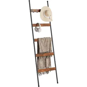 Blanket Ladder for Living Room, Farmhouse 5-Tier Quilt Holder with 4 Removable Hooks for Bathroom, Wood Towel Rack Display, Wall Anchor Leaning Decorative Stand for Home, Rustic Brown
