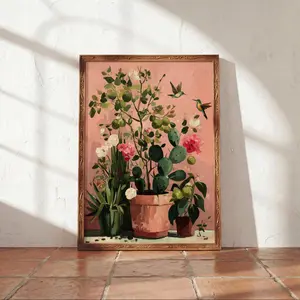 [SALE UP TO 40%] [Unframed] Nopal Hummingbird Garden Wall Art, Mexican Botanical Folk Decor, Spring Mother’s Day Gift, Kitchen & Cozy Home