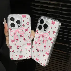 Pink Bow Ribbon Floral Skin Magnetic Phone Case for iPhone 17 Pro Max Plus Air 15 16 14 Pro Max 13 12 11 XR XS Plus Shockproof Non Slip Silicone Transparent Acrylic Cover Full Body Protection