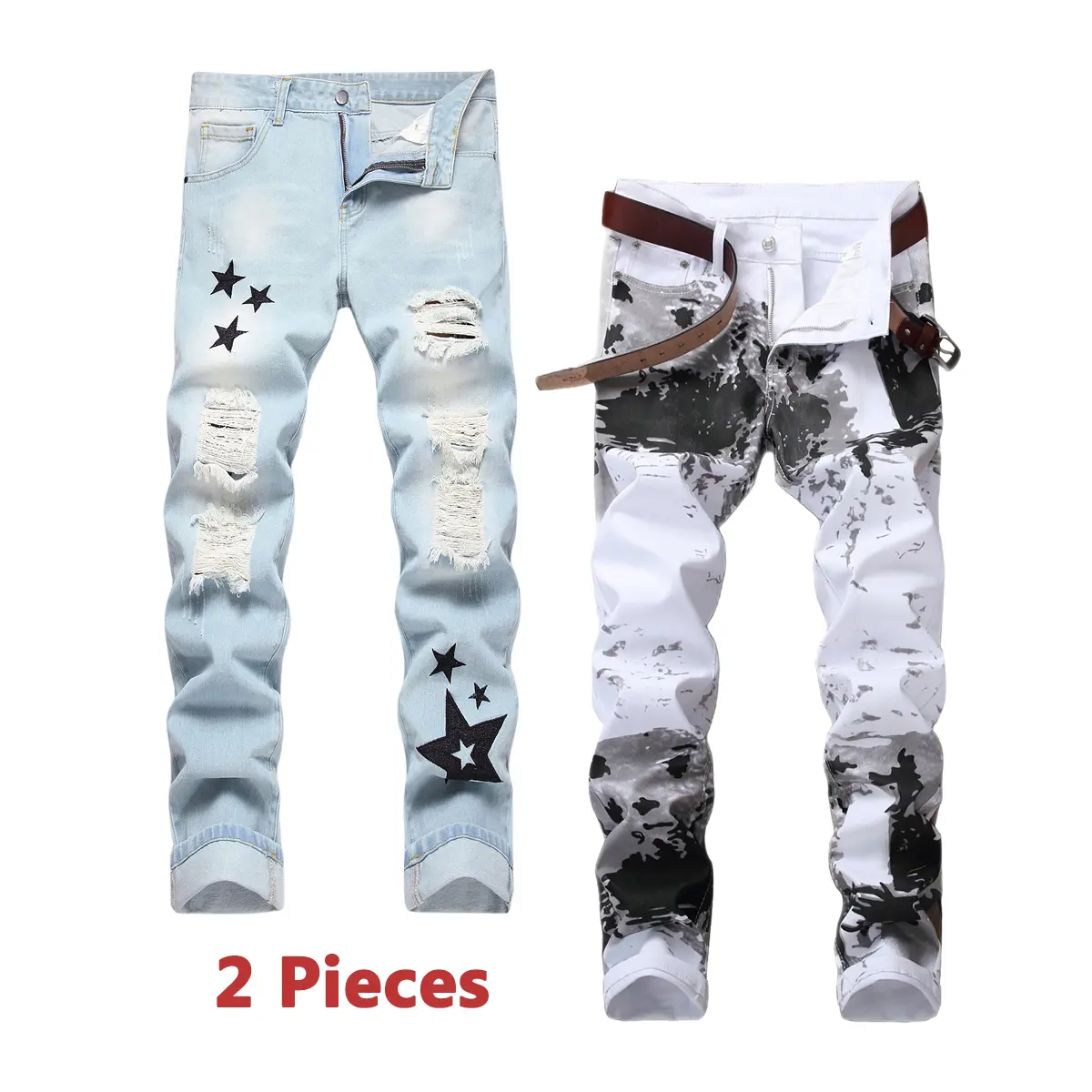 Men's 2-Piece Jeans Set, Casual Slim-Fit Denim Trouser, Stretchy Ripped Pants with Embellished Star & Camo Designs, Stylish, Long, Distressed, Embroidery, Menswear, Ankle Length