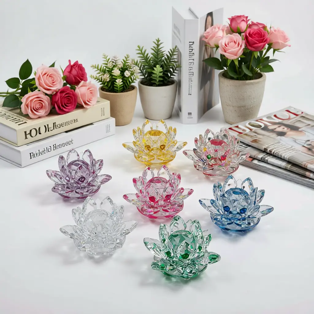 K9 Crystal Lotus Flower Ornament, Spiritual Meditation Feng Shui Desk Accent, Home Decor, Holiday Gift for Crystal Enthusiasts