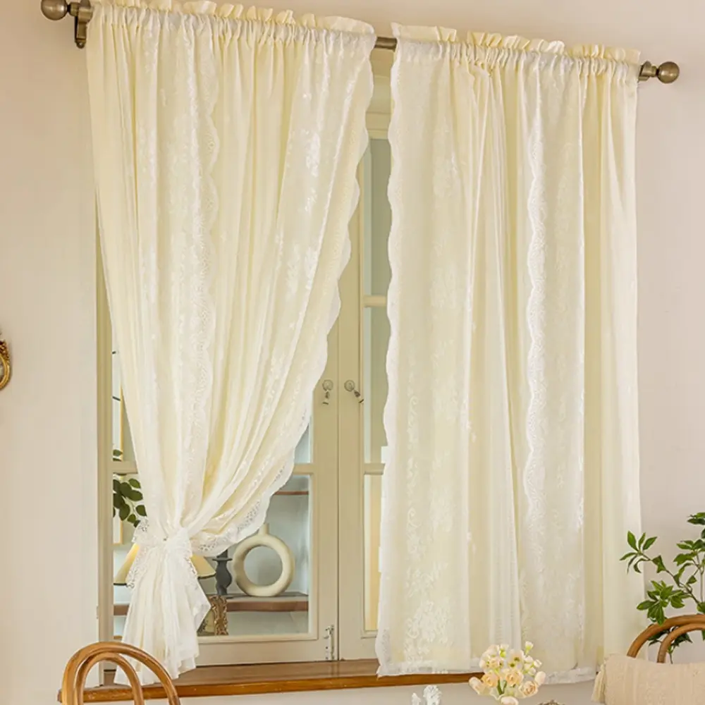 1pc [Retro Pastoral Double-Layer Sheer] Light Yellow Base + Embroidered Sheer Rod-pocket Window Curtain, Home Decorative Curtain, Light-Filtering + Soft Finish, Fits Lounge/Study + Mid-Century Furniture (Decor)