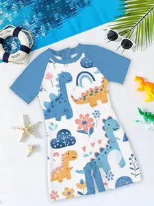 Boys' One-piece Swimsuit "Flower Sea Dinosaur Paradise Style" with colorful dinosaurs + flower rainbow prints + color-blocked raglan sleeves, soft, cute, and sun-protective, perfect for swimming pool / water park fun