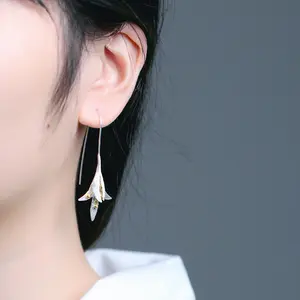 Women's Fashion Vintage Flower Earrings - Long Orchid Hook Design, White Copper & Silver Plated Color-Blocked Jewelry