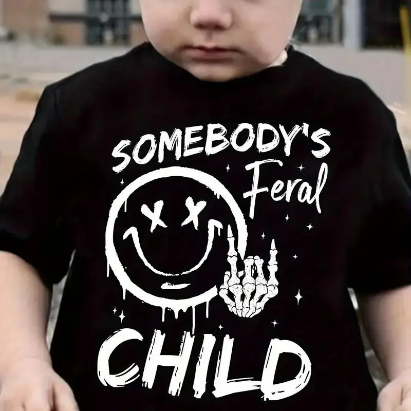 Boys' Cotton T-shirt With Cool Letter Print And Skull Hand Pattern Print For Comfortable And Casual Round Neck Short Sleeves