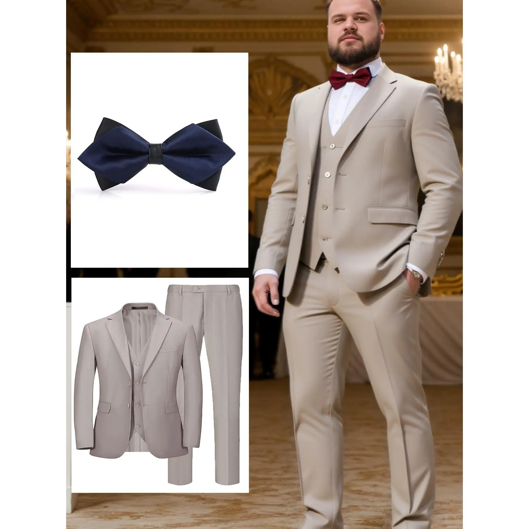 Big & Tall Men’s 3-Piece Suit – Slim Fit Blazer, Vest and Pants with Bow Tie, Formal Outfit for Dinner, Party & Special Occasions