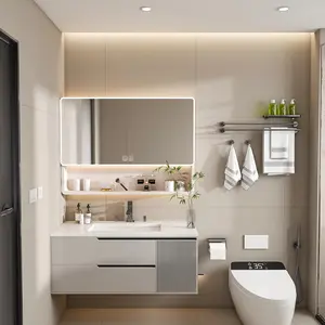 Aluminium Medicine Cabinet Mirror, 36 * 28in Tri-Color LED Light Bathroom Mirror with Cosmetic Storage Rack, Hair Dryer Holder and Defogging Function-khaki