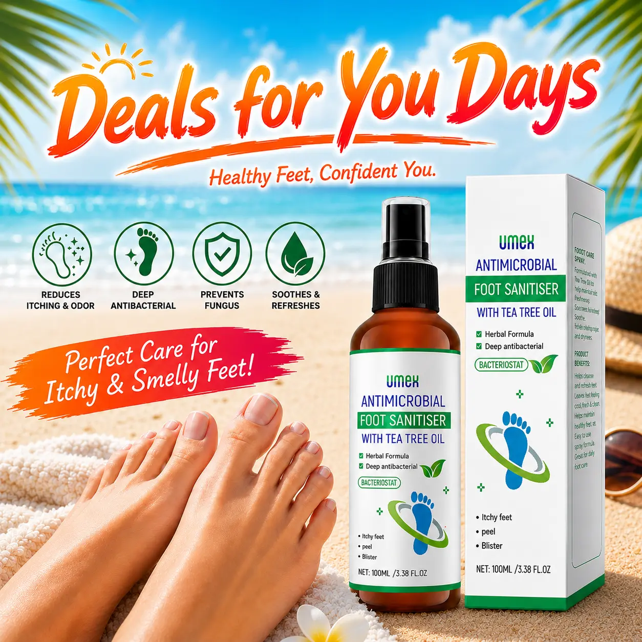UMEX Tea Tree Foot Spray Kills Fungus & Odor Fast 97% Stink Elimination Repair Cracked Heels 100ml Quick-Dry Formula Clinically Tested Natural Antiseptic - Moisturizing Intensive Foot Care Foot Care Tool Summervibes summerwins