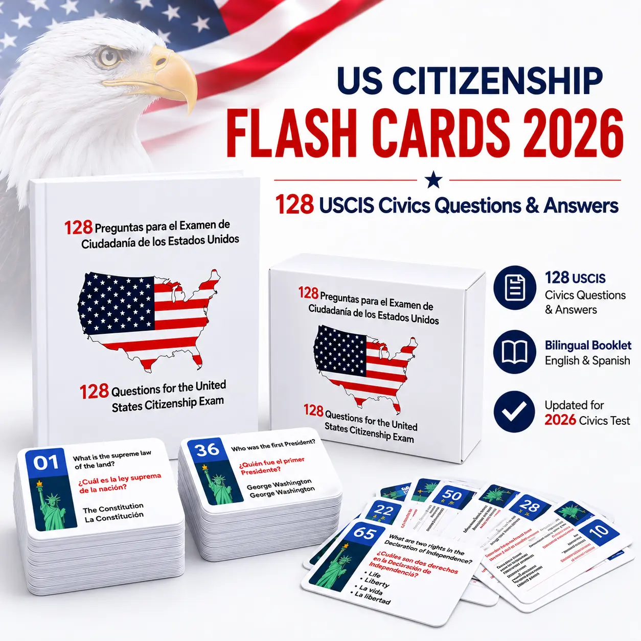 US Citizenship Flash Cards 2026 – 128 USCIS Civics Questions & Answers, Naturalization Test Study Set, Bilingual Civics Flash Cards & Booklet, Tarjetas de ciudadania 2026 inglés y español, Educational Print, Study Guide for Home Learning