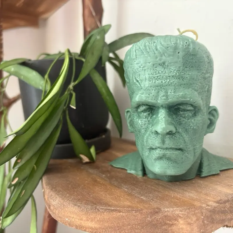 Frankenstein the monster candle bust/head, spooky themed. It’s alive!