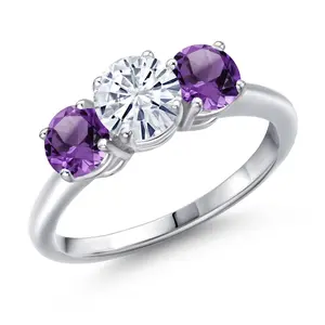Gem Stone King 3-Stone Ring for Women in 925 Sterling Silver | Round Moissanite and Gemstone Birthstone | Wedding Anniversary Promise Engagement Ring | Sizes 5-9