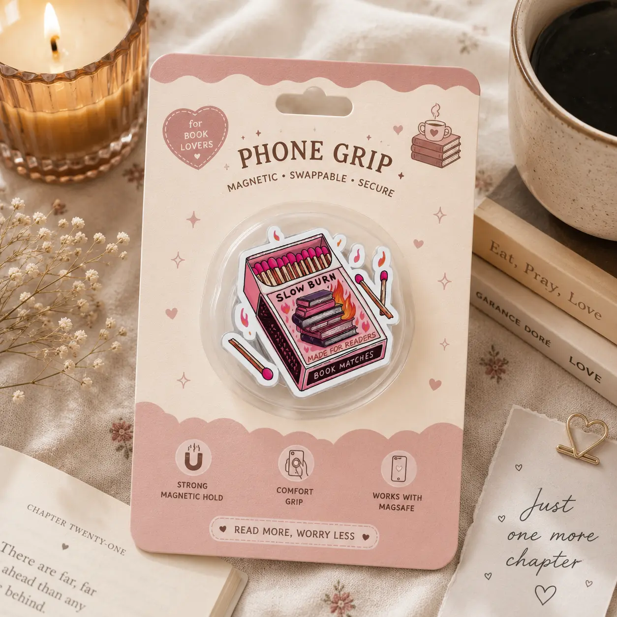 The Romance Reader Collection | Slow Burn Magnetic Phone Grip Stand, Book Matches MagSafe Phone Holder, Kindle Grip for Book Lovers