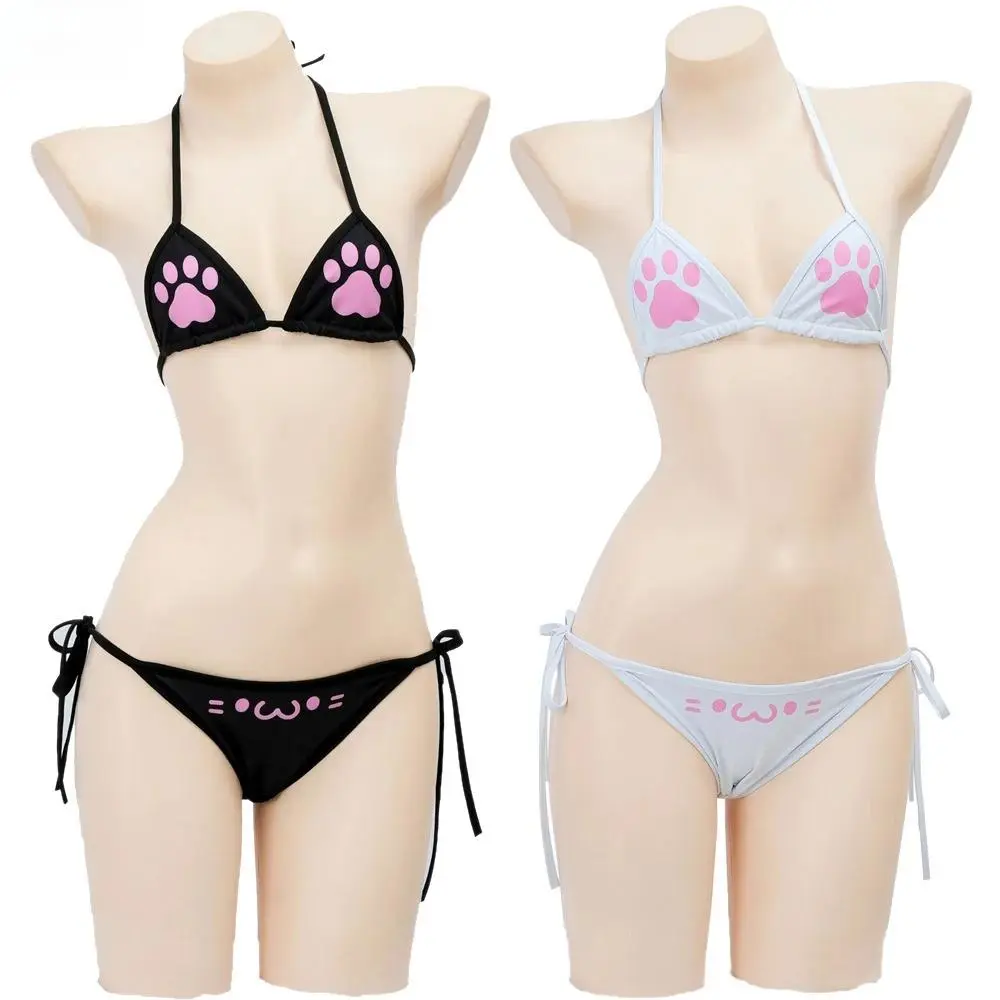 Anime Kawaii Girl Cute Cat Paw Bikini Swimsuit Women Claw Pattern Three Point  Underwear Set Costume Cosplay