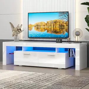 TV Stand For TV Up To 70", Living Room Entertainment Center With RGB LED Lights And Storage Shelves Furniture, White High Gloss TV Cabinet Console Table