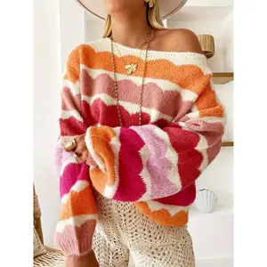 Women's Plus Size Striped Knit Sweater Pullover, Casual Loose-Fitting Long Sleeve Top for Fall & Winter, Elegant Ladies' Fashion Clothing