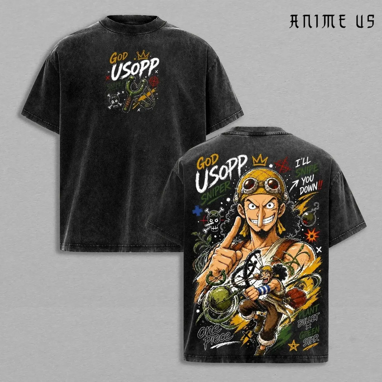 Usopp One Piece God Usopp Sniper King Anime Vintage Washed Oversized Graphic Tee Marksman Manga Streetwear Heavyweight Cotton Shirt. H0V