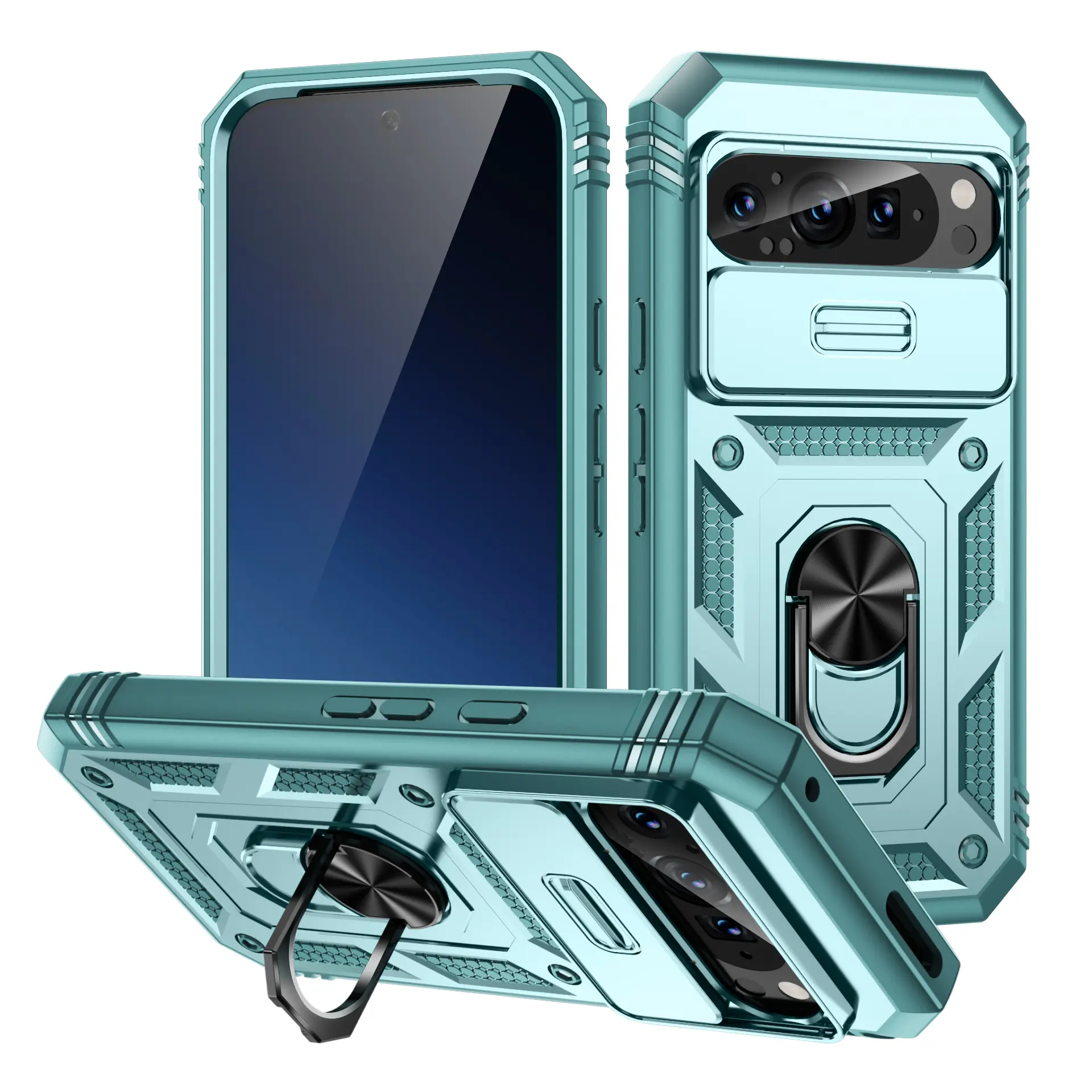 Heavy-Duty Shockproof Plastic Smartphone Case for Google Pixel 8/9 Pro XL - 2-in-1 Mobile Phone Accessories with Slide Camera Privacy Lens Protector, Finger Ring Stand, Casing & Screen Protector