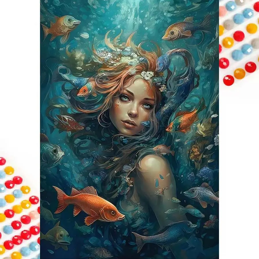 5D DIY Full Drill Round Diamond Painting - Diamond Painting Kit Mermaid, Fish School, Diamond Pattern Design. Mosaic Canvas DIY Wall Art, Home Wall Decoration Craft.