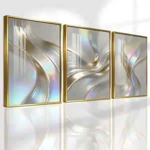 3 Counts Aluminum Alloy Framed Painting, Abstract Golden Flow Lines Art, Home Decoration For Living Room, Bedroom, Office, Restaurant, Hallway Wall Decor, Odorless Print Artwork, Luxury Perfect Gift For Friends And Family