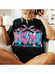 Women's Color MAMA T-Shirt - Loose T-Shirt - Short Sleeve Slim Fit Casual T-Shirt in Vibrant Plaid and Leopard Print with a Large Pink and Blue Bow, Small Pink Flowers and Stars |   Perfect for a Comfortable Home Look, Stylish and Fun 1pc Outfit