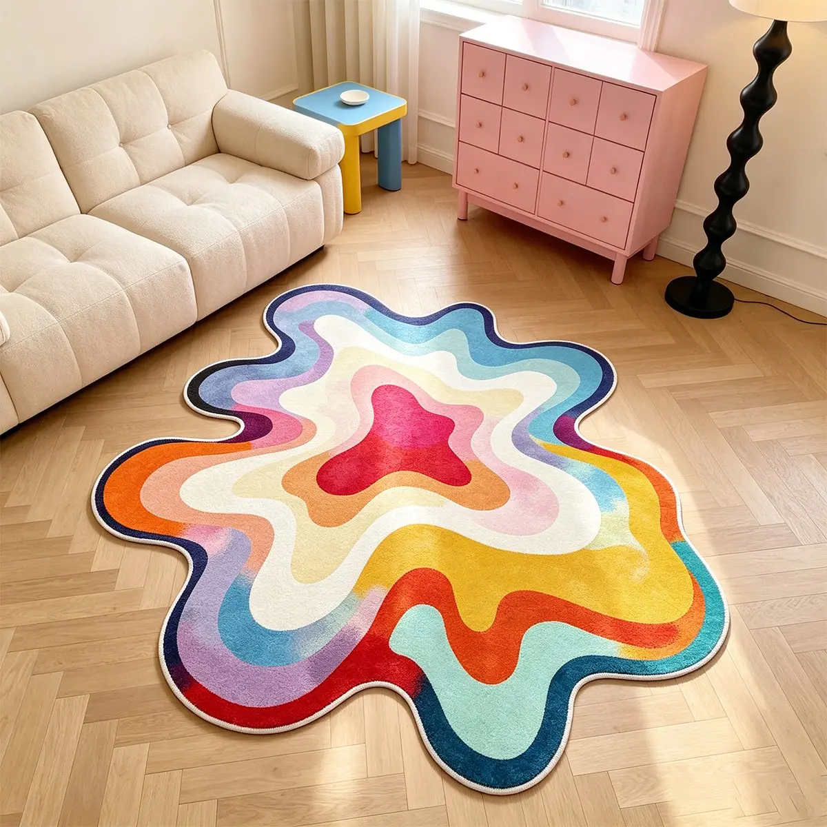 1 irregularly shaped living room rug, gradient color abstract twisted rug, bedroom non-slip mat, cute and sweet dopamine-inspired home decor rug, soft and comfortable machine washable rug, Boho Washable Rug, birthday gift, Indoor Decorative Rug