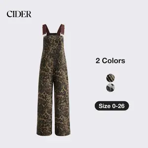 Cider [2 colors, size 0-26] Oversized Denim Leopard Pocket Buckle Up Wide Leg Jumpsuit, Womenswear Overalls