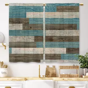 Teal Brown Wooden Kitchen Curtains Farmhouse Rustic Wood Small Short Cafe Window Curtains Barn Plank Rod Pocket Bathroom Window Drapes Treatment Tier Curtains 2 Panels (27.5x39 Inch)