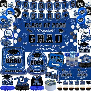 Graduation Decorations Class of 2026 Blue and Black Congrats Grad Supplies with Backdrop and Tablecloth Cake Toppers Banner Balloons Swirls for Graduation Decor