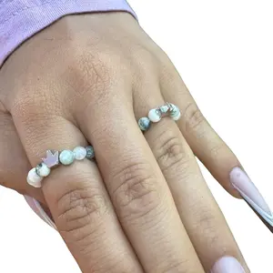 Moss Agate Bead Ring with Crown Charm for Men and Women