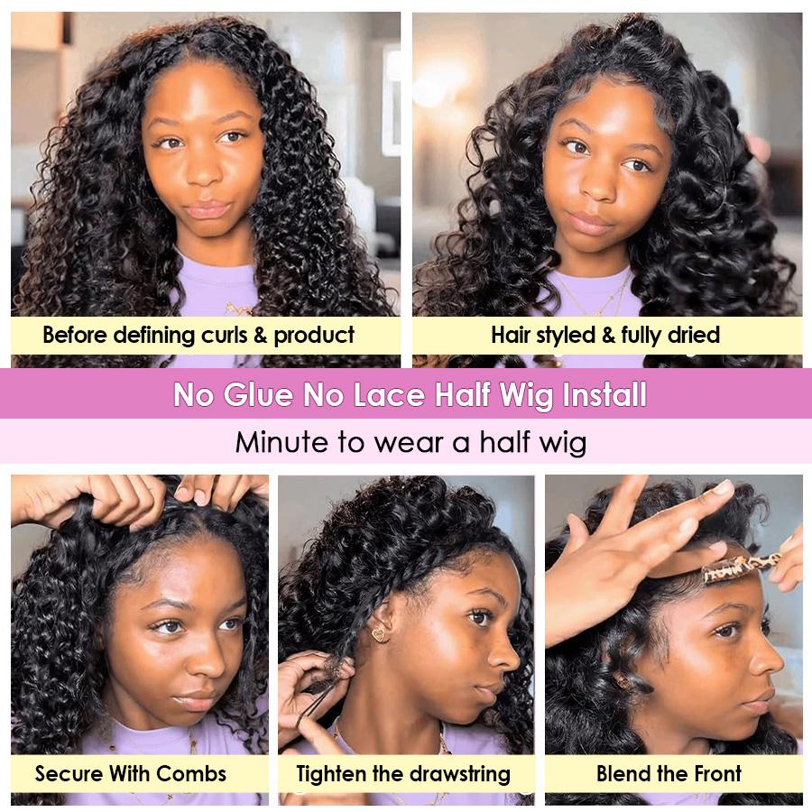 Pizazz Hair Ready to Go Curly Half Wig Invisible Hairline 180% &220% Glueless Human Hair Wigs Seamless Flip Over Wig Beginner Friendly Vacation Hair