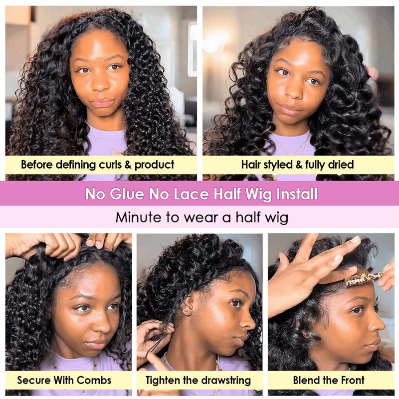 Pizazz Hair Ready to Go Curly Half Wig Invisible Hairline 180% &220% Glueless Human Hair Wigs Seamless Flip Over Wig Beginner Friendly Vacation Hair