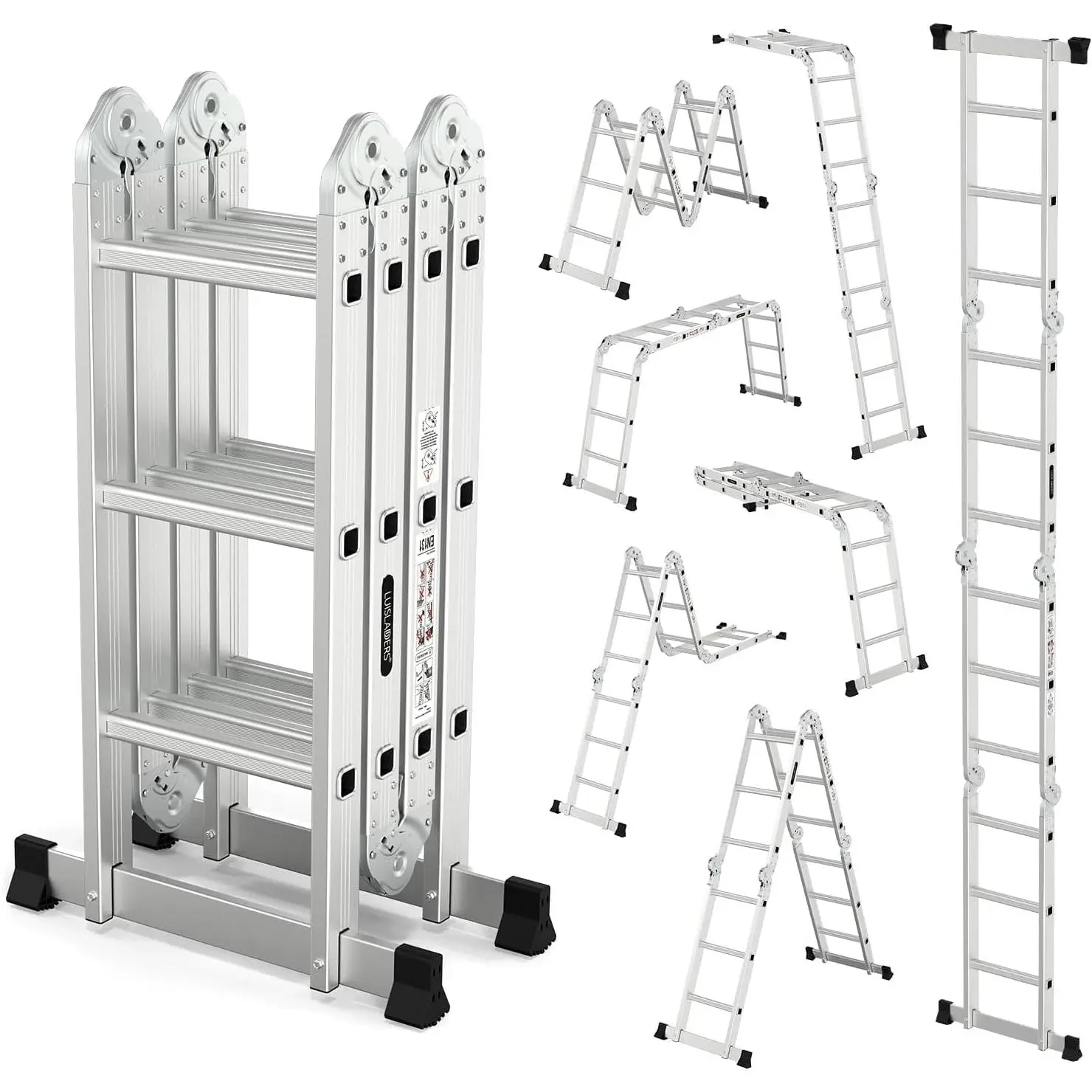 12.5 FT Folding Ladder, Multi-Purpose Ladder, Aluminium Extension Ladders 7 in 1 Heavy Duty Combination EN 131 Standard