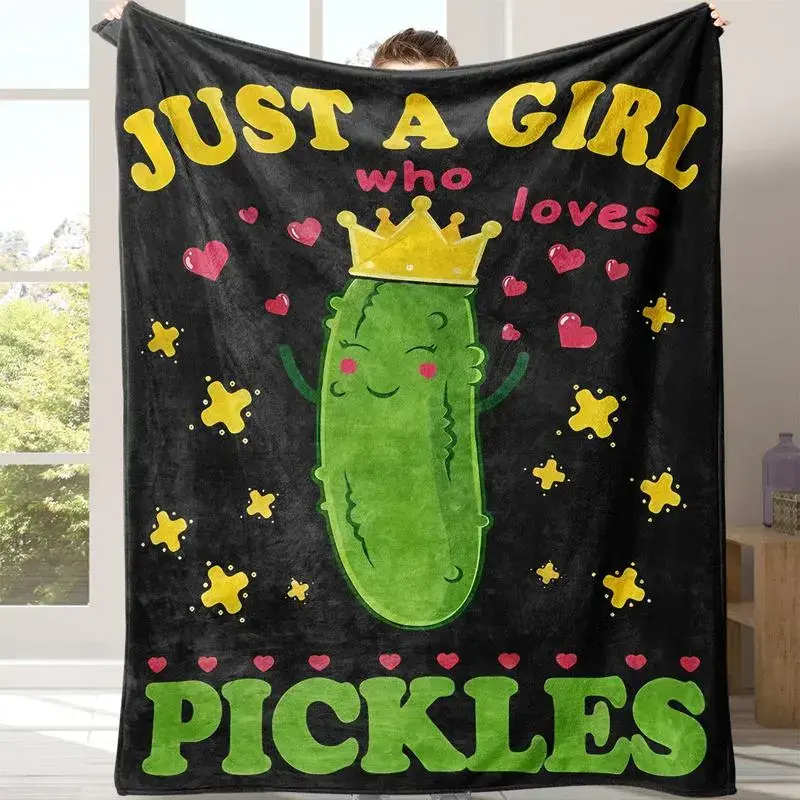 Just A Girl Who Loves Pickles Cartoon Flannel Throw Blanket, Soft Cozy Blanket, Perfect for Couch Bed Sofa, Funny Quirky Home Decor, Ideal Holiday Gift for Pickle Lovers