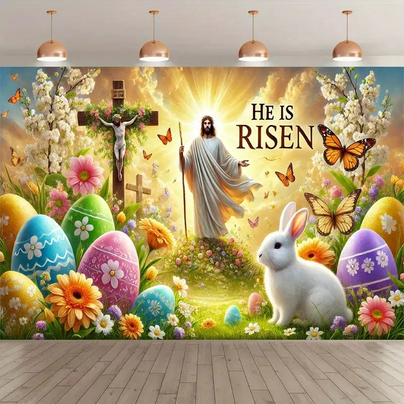 8x6 Feet Easter Celebration Banner He Is Risen, Vibrant Polyester Tapestry with Jesus Butterflies and Flowers, Perfect for Family Garden and Party Decoration