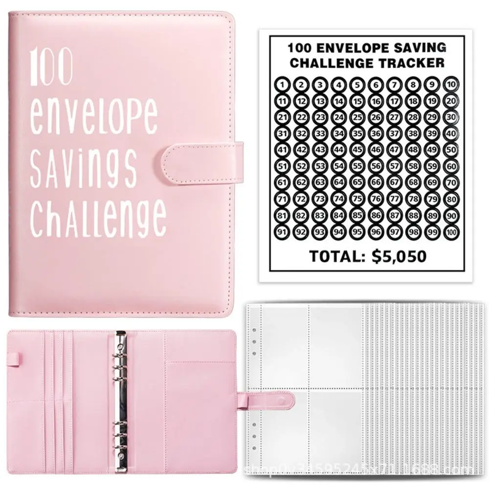 A5 100 Envelope Savings Challenge Wear Resist Standard Binder With Rip Proof PVC Cash Sleeves Savings Audit Tracker Card Black Coral Sunset Color Shades purple