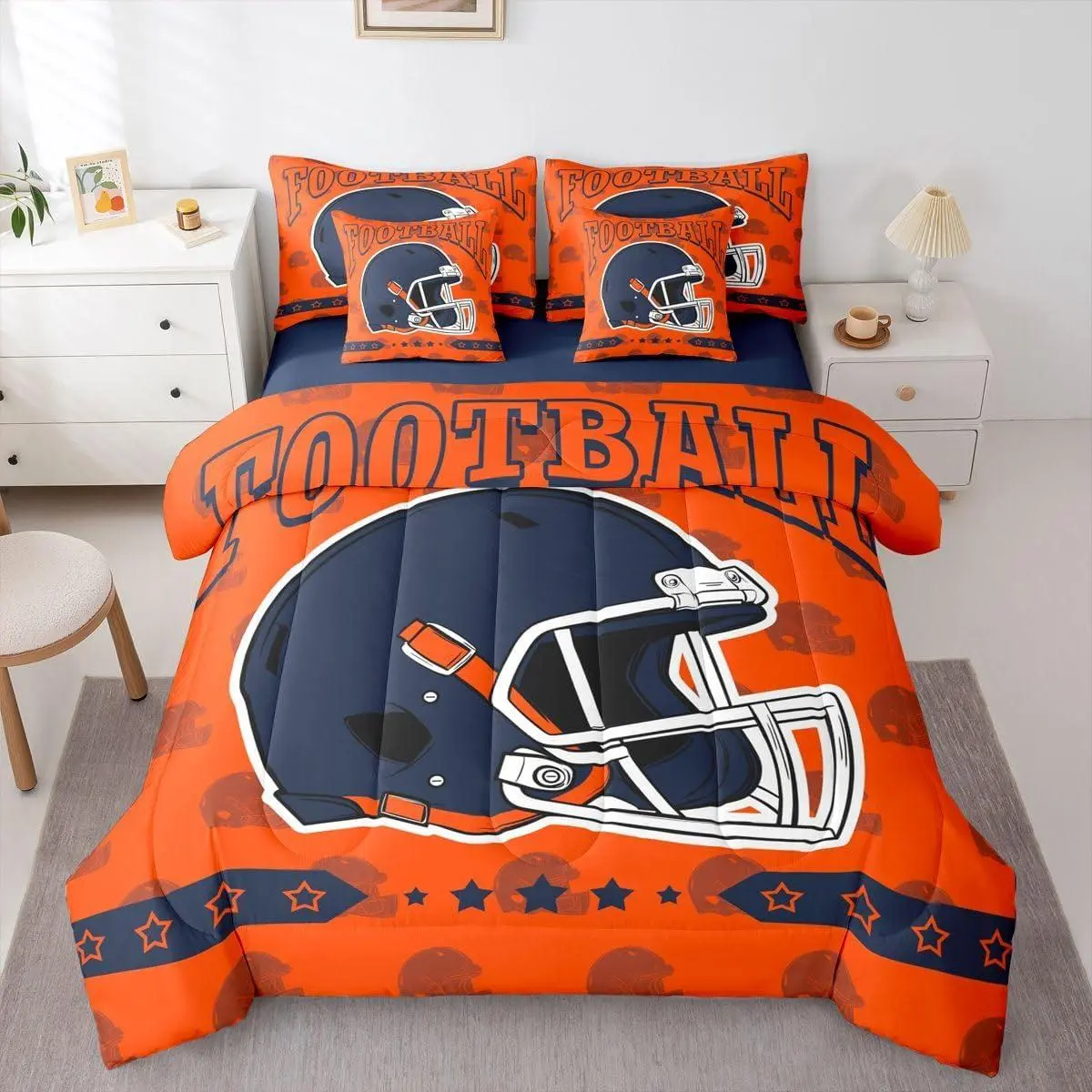 Football City 7 Piece Comforter Set Bed in A Bag,Footballs Game Bedding Sets and Adults Football City Comforter and Sheets Sports Ball Competition Bed Set,Blue Orange