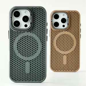 Honeycomb Grid Mesh Cooling Magsafe Case for iPhone 17 17Air 16 15 14 13 12 Pro Max Alloy Lens Bracket Wireless Charging Cover Black