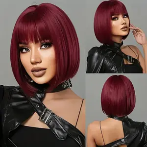 Chic Elegant 12-Inch Bob Wig with Bangs-Comfortable  Natural Density, Heat Resistant Unisex-Adult Synthetic Hair, Easy-Style with Secure Buckle Net for Daily and Party Use