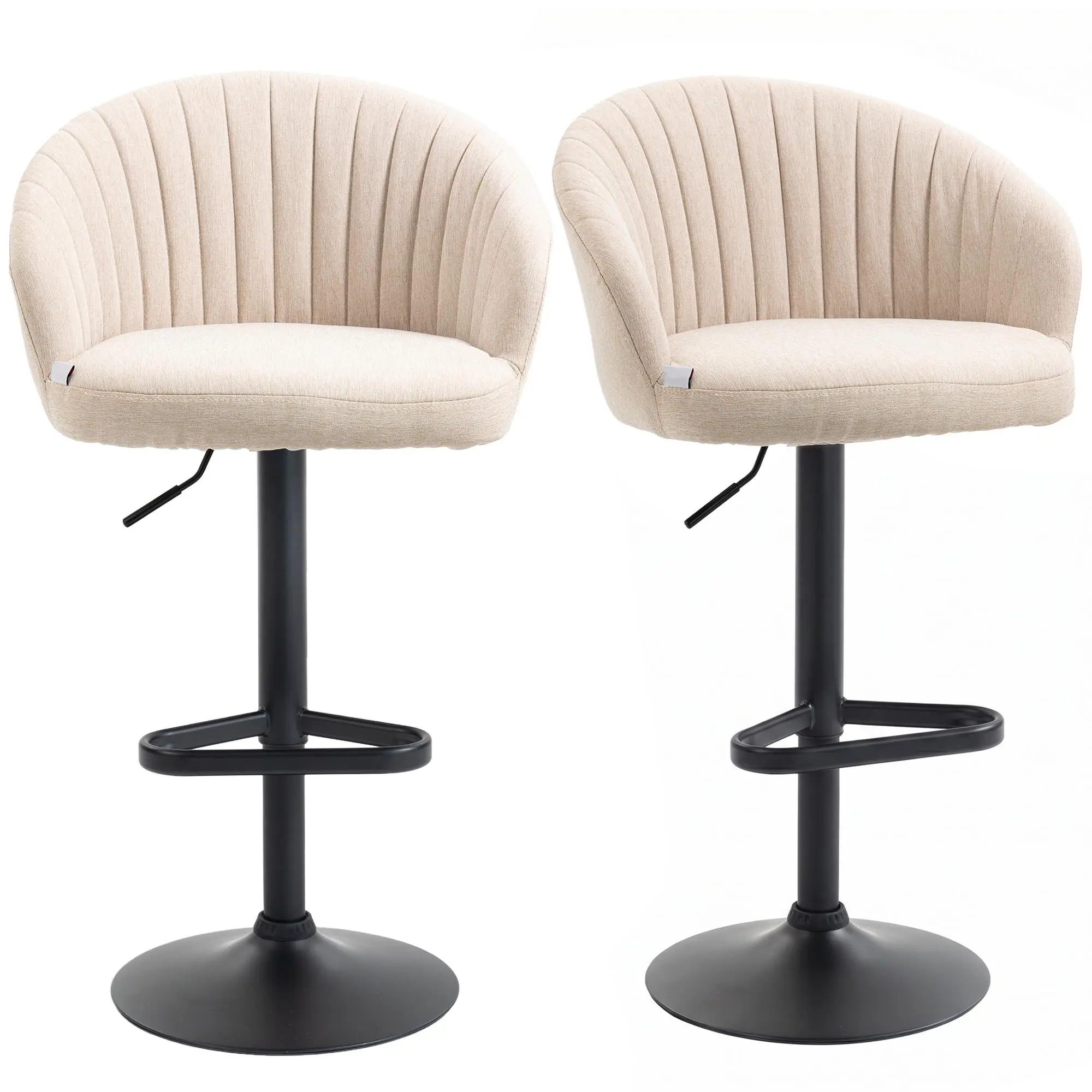 Set of 2 Adjustable Swivel Barstools – Height 25.5"-31.75" Fits Counter to Bar. 360° Swivel Seat. Soft Linen Touch Upholstery. Sturdy Steel Base, Anti-Slip Pads, Footrest. Holds 220 lbs. Beige
